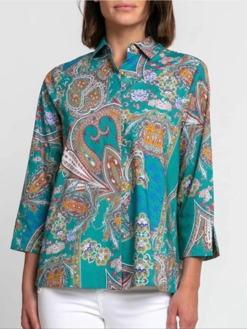 Hinson Wu Xena 3/4 Sleeve Zip Back Shirt Teal Paisley Floral Sz XS Button Down